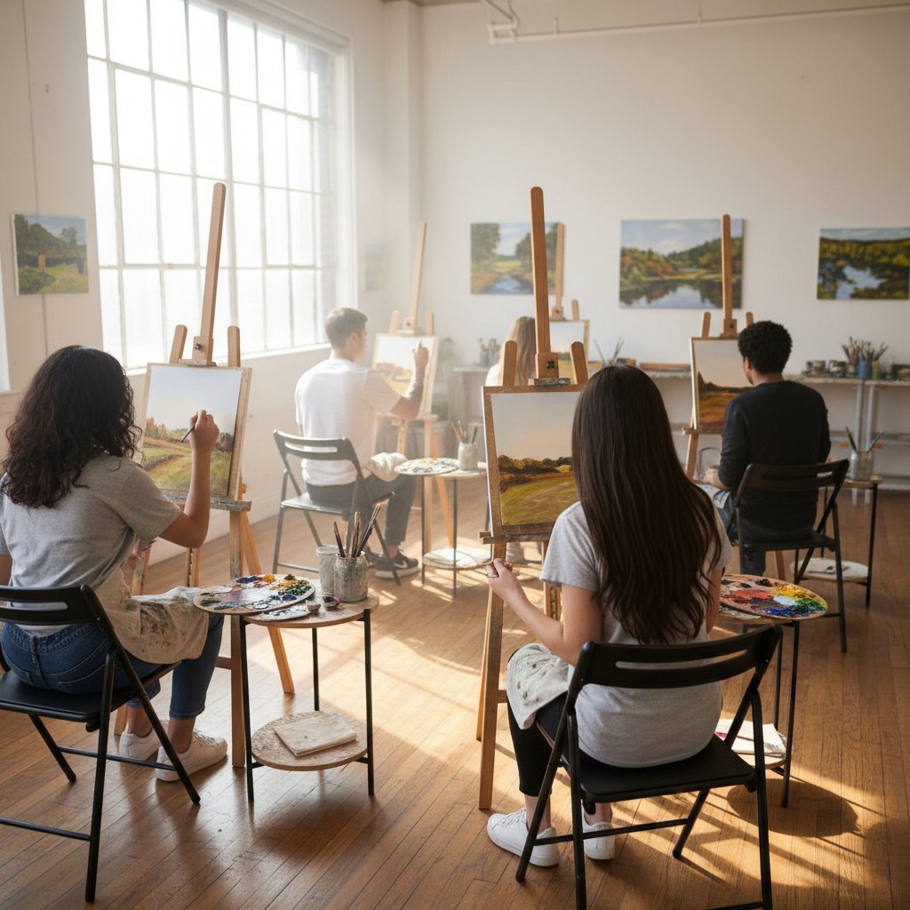 Students learning painting techniques